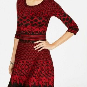 Taylor Jacquard Print 3/4 Sleeve Fit + Flare Sweater Dress in Cabernet/Black | S